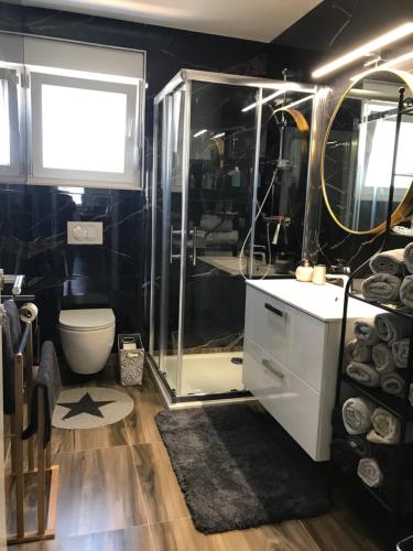 een badkamer met douche en toilet bij Villa SEVEN in Vir