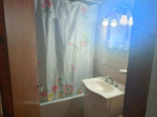 La salle de bains est pourvue d'un lavabo et d'un rideau de douche. dans l'établissement Casa de campo alquiler temporario, à Mar del Plata