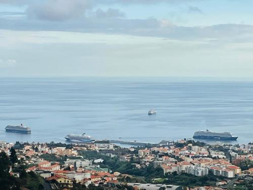 two ships are in the water near a city at Cozy House in Funchal