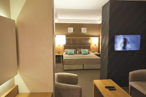 a hotel room with a bed and a television at Efeler Hotel in Aydın