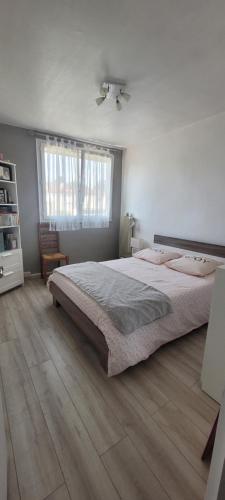 een slaapkamer met een groot bed en een houten vloer bij Maison Cosy in Franconville