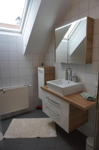 ein Bad mit einem Waschbecken und einem Spiegel in der Unterkunft Weingut Bäuerl in Dürnstein