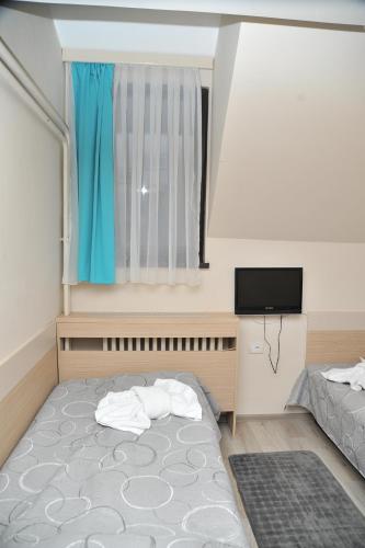 Dormitorio pequeño con cama y TV en Hotel Srebrna lisica en Kopaonik