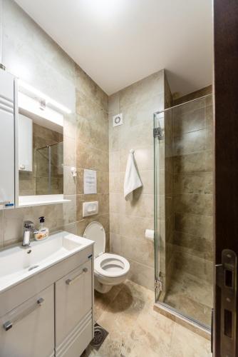 a bathroom with a toilet and a sink and a shower at Harizma apartmani - Iris in Kragujevac