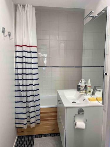 une salle de bain avec un lavabo et un rideau de douche dans l'établissement Appmt 4 pers aux pieds des pistes, à Lamoura