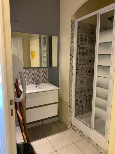 uma casa de banho com um lavatório e uma cabina de duche em vidro. em Appartement 85m2 em Tarnos