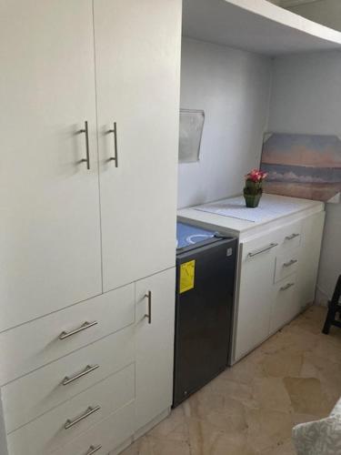 a kitchen with white cabinets and a black refrigerator at Pablo´s House in Guayaquil