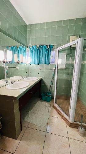 a bathroom with a shower and a sink and a mirror at Villa Anse Possession in Baie Sainte Anne
