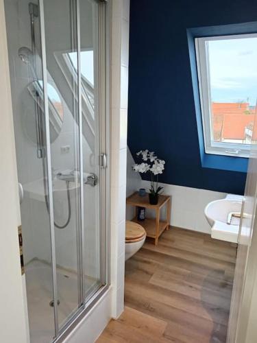 een badkamer met een douche, een toilet en een wastafel bij Ferienwohnung Allgäu 5 in Memmingen