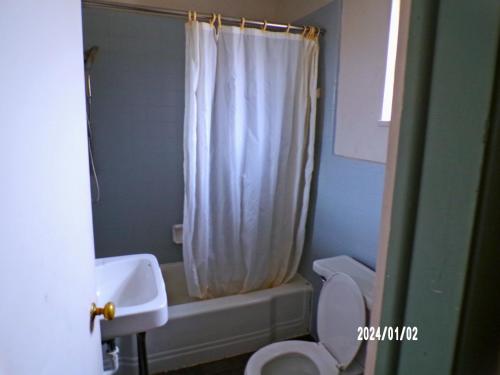 ein Bad mit einem Waschbecken, einem WC und einer Dusche in der Unterkunft Travelers Inn Beaver 