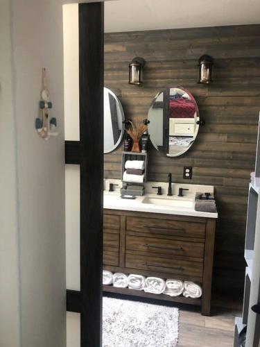 a bathroom with a sink and a mirror at The Huron Hutch in Evergreen Shores