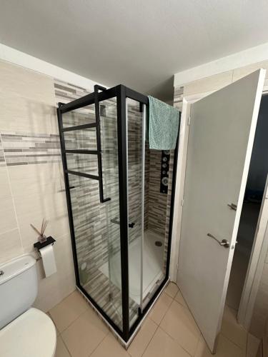 uma cabina de duche em vidro numa casa de banho com WC em Appartement 6 personnes roses em Roses