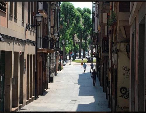 an alley with people walking down a street between buildings at Reino de Asturias, WIFI, VUT155 in Oviedo