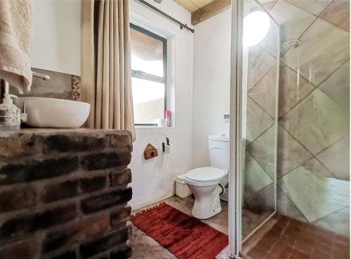 a bathroom with a toilet and a glass shower at Athule Marloth in Marloth Park