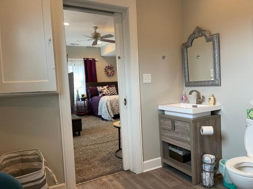 a bathroom with a sink and a mirror at VIP Suites for Business Women, Nurses, College Moms Traveling to Indianapolis in Indianapolis