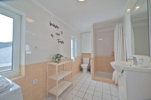 une salle de bain avec un lavabo et des toilettes et un lavabo dans l'établissement L'appartement du poète - 4P - Hyper centre, à Metz