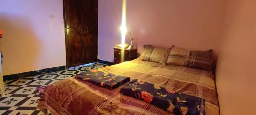 ein Schlafzimmer mit einem Bett in einem Zimmer mit einer Lampe in der Unterkunft Magic View in Bine el Ouidane