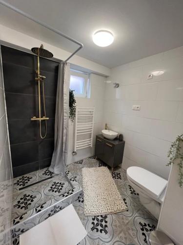 uma casa de banho com um chuveiro e um WC. em M3 Mád em Mád