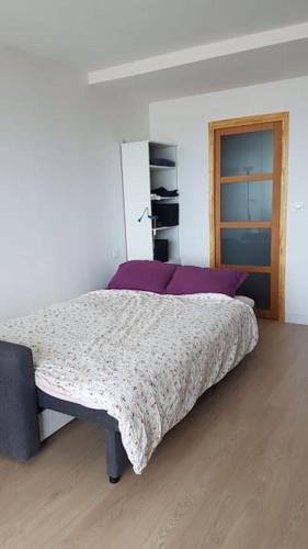 - une chambre avec un grand lit et des oreillers violets dans l'établissement Appartement face mer (vue 180°) avec balcon, à Saint-Jean-de-Monts