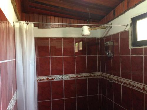 a bathroom with a shower with red tile at EL-CACIQUE-guesthouse-since-2003 in Santiago Este