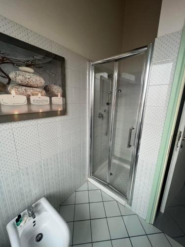y baño con ducha y lavamanos. en La Divina en SantʼAgata Bolognese