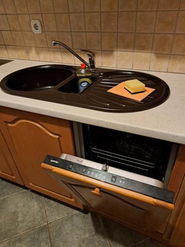 a kitchen counter with a sink and a counter top with a sink at Apartma Smole in Kranjska Gora