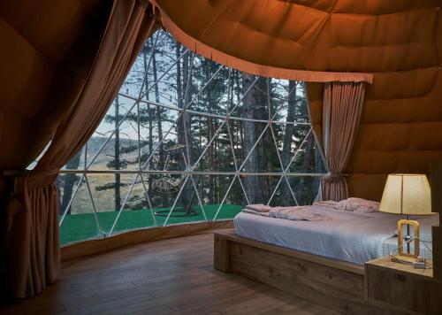 a bed in a room with a large window at Daxvalley Glamping in Tsalka