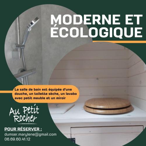 un magazine publicitaire pour une salle de bains avec toilettes dans l'établissement Au Petit Rocher, à Roppeviller