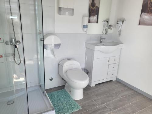 uma casa de banho branca com um WC e um chuveiro em Hostal Uruz em Coihaique