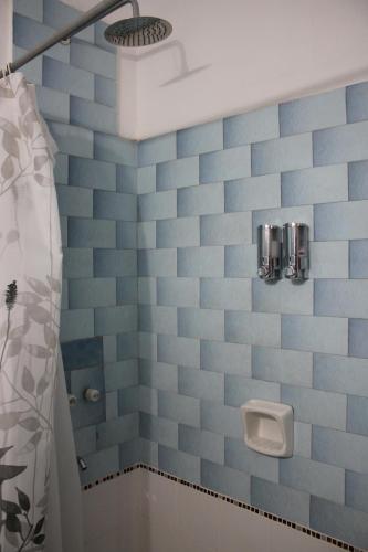 baño con paredes de azulejos azules y ducha. en Departamento Santa Rosa en Córdoba