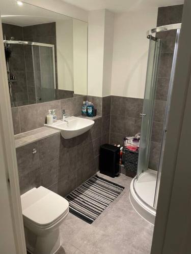 a bathroom with a toilet and a sink and a shower at New London Apartment- 20mins from Central City in Romford