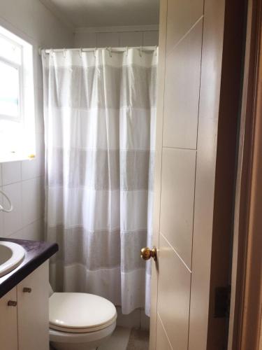 een badkamer met een toilet en een wit douchegordijn bij La casa de Rosy in Puerto Varas