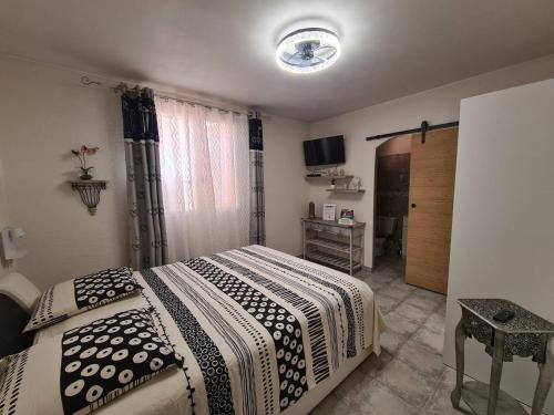 ein Schlafzimmer mit einem Bett mit einer schwarzen und weißen Decke in der Unterkunft chambre d'hôte cosy in Carbuccia