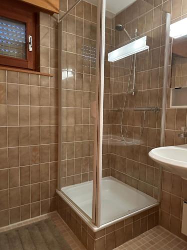 La salle de bains est pourvue d'une douche et d'un lavabo. dans l'établissement Roc d'Orsay D36, à Leysin
