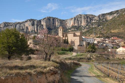 uma aldeia numa colina com uma montanha ao fundo em Hotel Balcó del Priorat em La Morera de Montsant