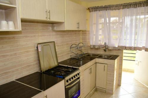 a kitchen with a stove and a sink at Stylish 2 bedroom in Kitale Fully Furnished in Kitale