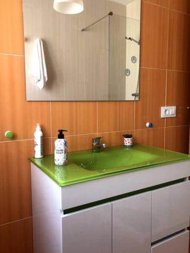 baño con lavabo verde y espejo en 15 VENCEJOS, en Montemayor de Pililla