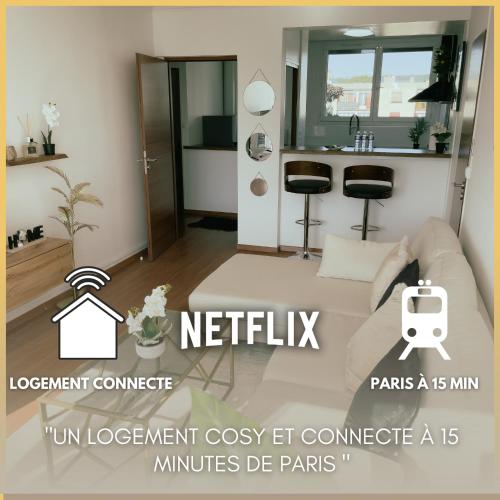a rendering of a living room in a rental at Appartement Cosy & Connecté à 15 min de Paris in Soisy-sous-Montmorency