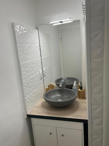 une salle de bain avec un lavabo et un grand miroir dans l'établissement Azur, à Toulouse