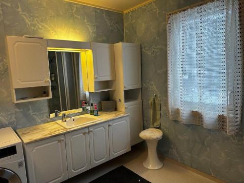 a bathroom with a sink and a mirror at Senja Peak Panorama in Straumstad