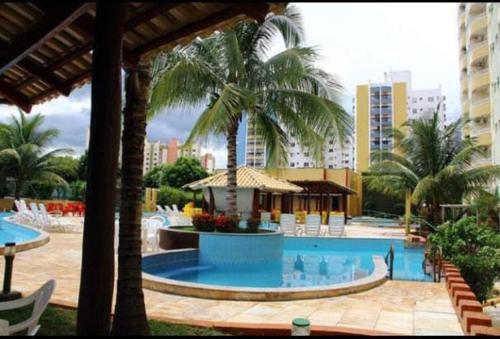 a swimming pool with palm trees in a resort at Condominio Residencial Thermas Place in Caldas Novas