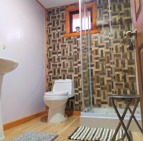 uma casa de banho com um WC e um chuveiro em Cabaña Refugio Eluney em Villarrica