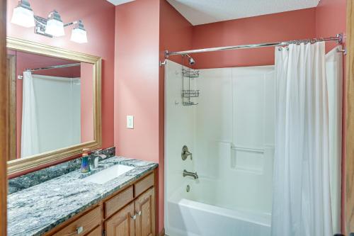 uma casa de banho com um chuveiro, um lavatório e um espelho. em Lakefront Minnesota Vacation Rental with Dock em Annandale