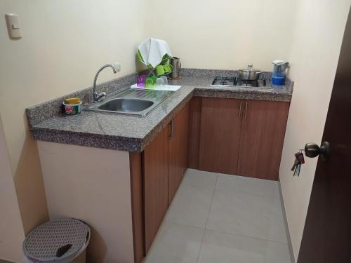 uma cozinha com um lavatório e uma bancada em Suites Sonikikos em Ballenita