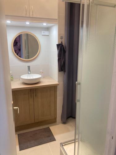 une salle de bain avec un lavabo et un miroir dans l'établissement T3 Leucate bord de mer - Ulysse Naturiste, à Leucate