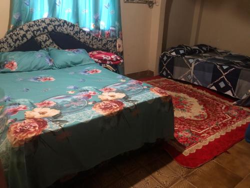 1 dormitorio con 1 cama con edredón azul con flores en HOSPEDAJE PRÓCERES DE MAYO, en Encarnación