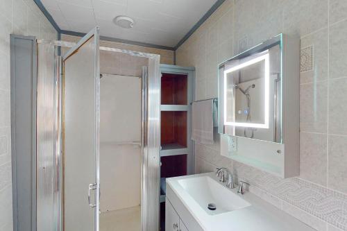 bagno con lavandino, doccia e specchio di Wolf Den Retreat a Swanton