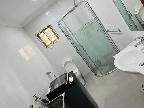 蘇瓦的住宿－Oxford Apartments Suva (2Bedrooms)，浴室配有卫生间、盥洗盆和淋浴。