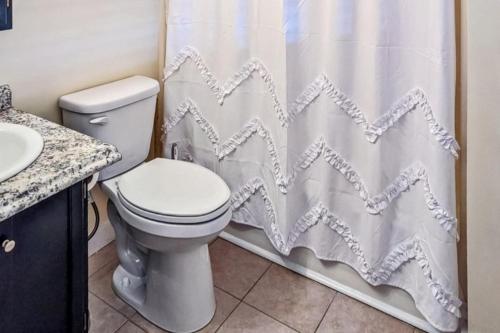 een badkamer met een toilet en een douchegordijn bij Champagne Supernova in Ludlow