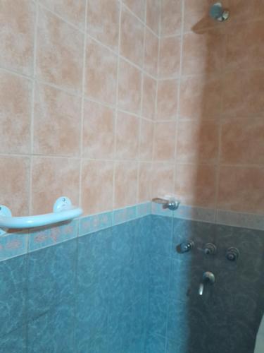 y un baño con una gran bañera azul con ducha. en Entre Maitenes en Lago Puelo